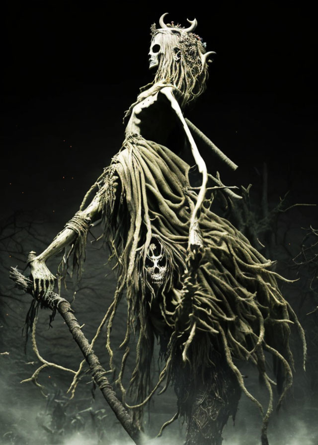 Skeleton creature with root limbs and staff in misty forest.