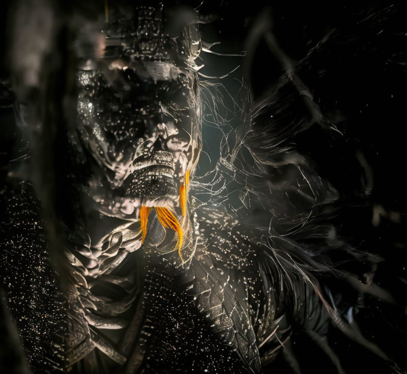 Detailed view of dark, metallic figure with textured lips and feather-like details