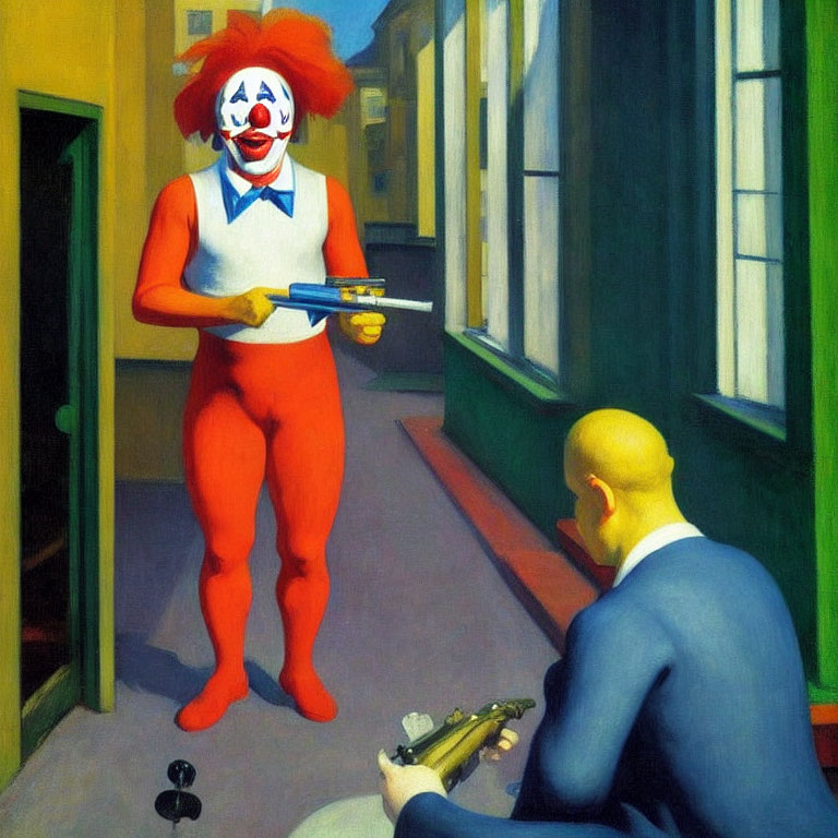 Clown with water gun faces bald man with real gun in urban scene