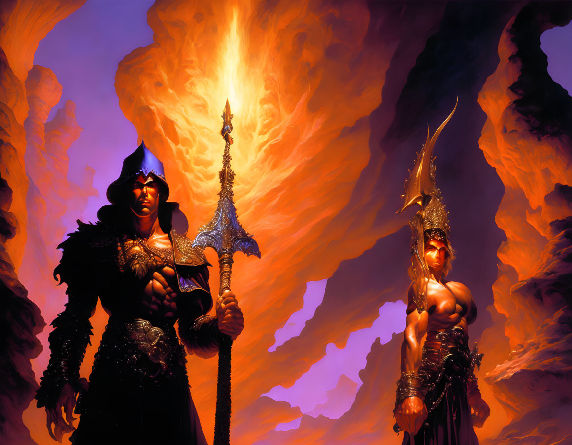 Fantastical armor-clad figures with fiery volcanic backdrop.