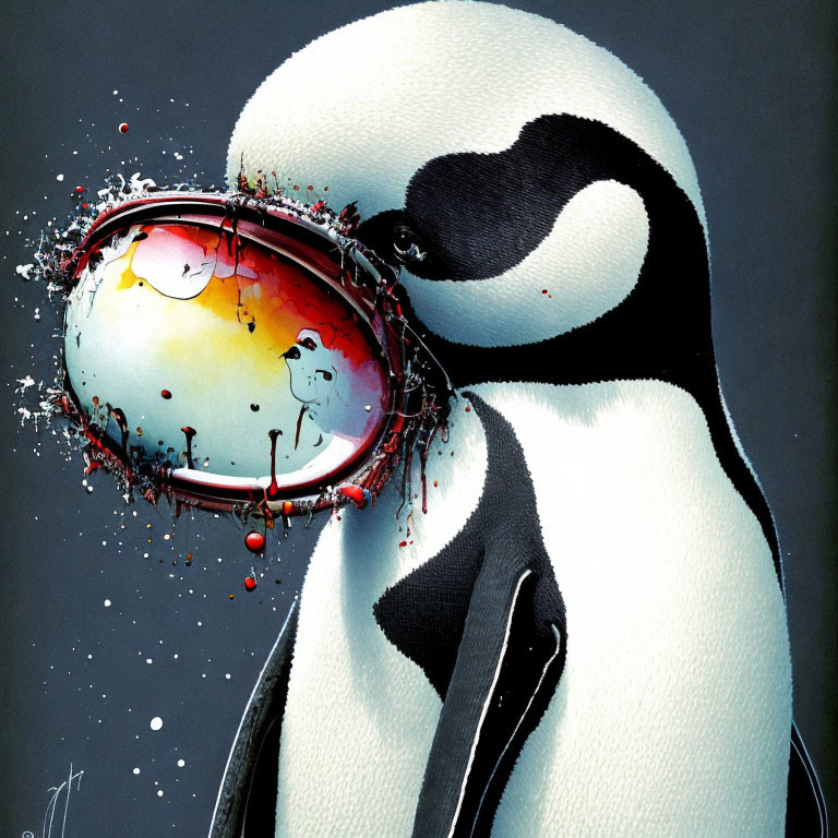 Surrealist penguin with colorful astronaut helmet