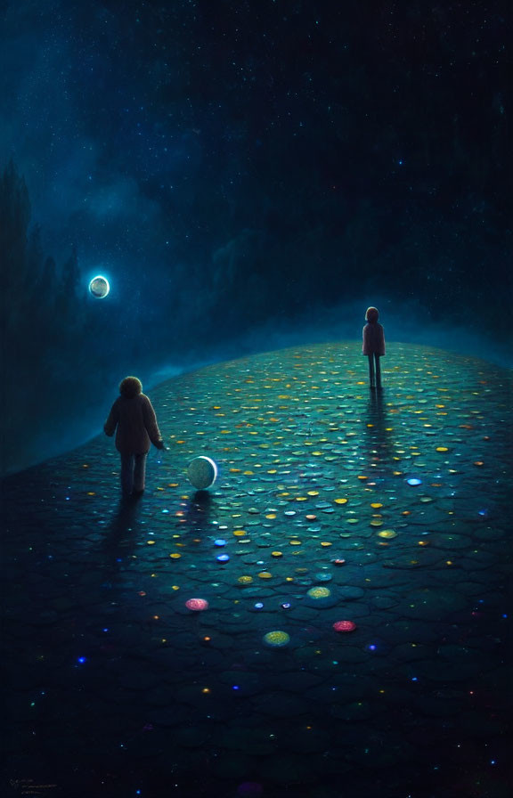 Person and child on glowing cobblestone path under starry sky with glowing orb.