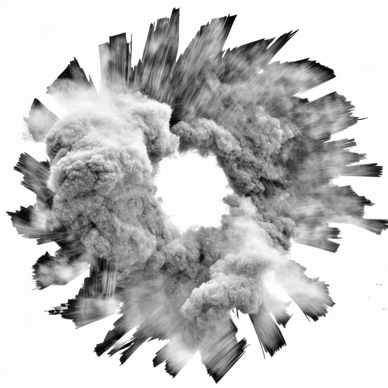 Monochrome abstract explosion with smoky textures and sharp radiating fragments