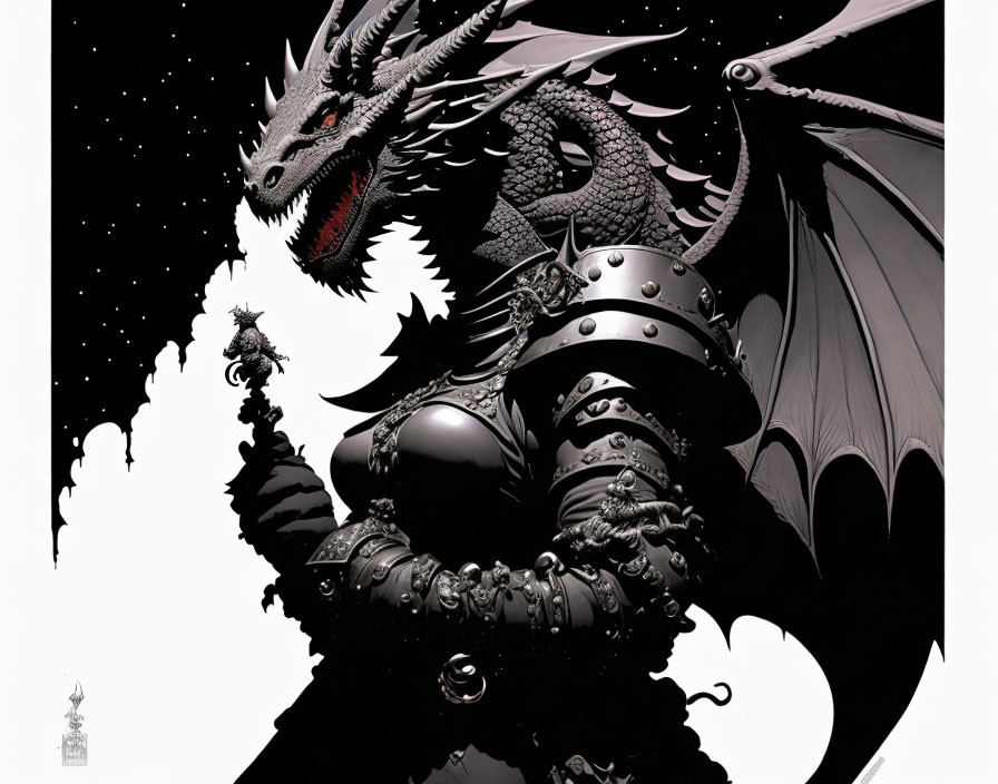 Monochrome illustration of fierce dragon in intricate armor with wide wings.