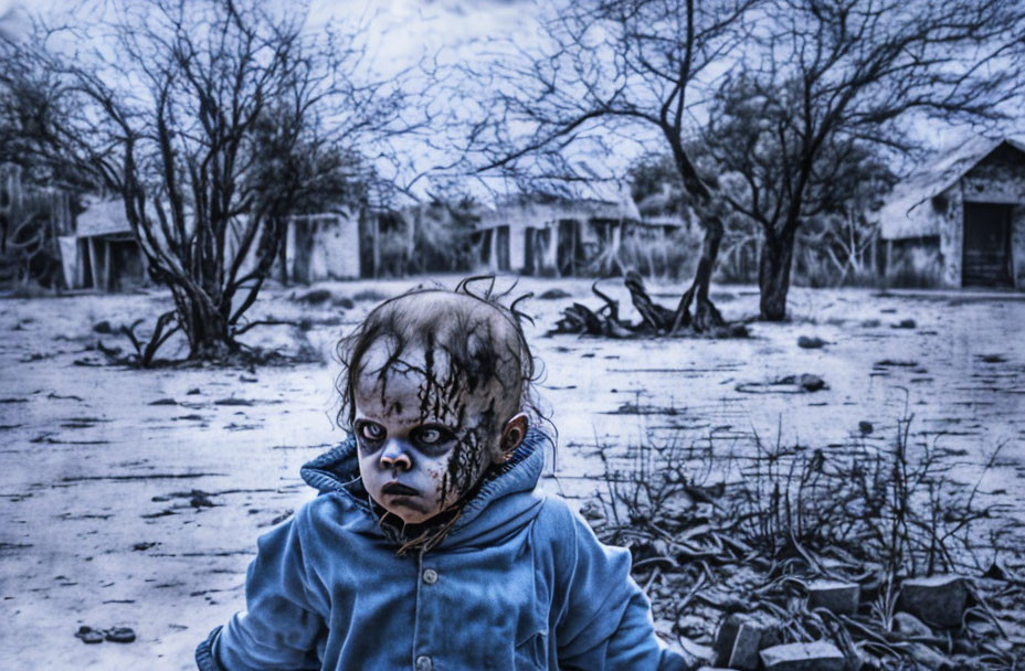 Child with dramatic crack-like makeup in desolate landscape.