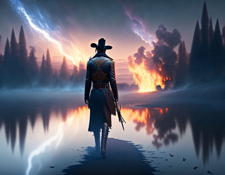 Cowboy walking to fiery explosion under starry night sky by forest edge