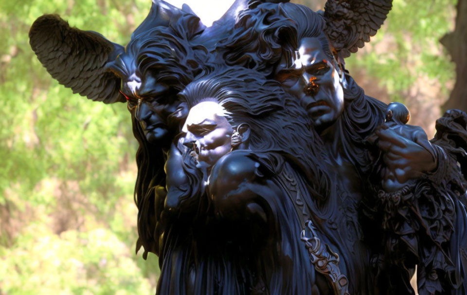 Intricate statue with goat-like features and large horns on blurred green background