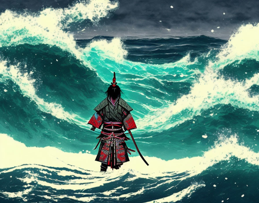 Samurai in traditional armor facing dark ocean waves