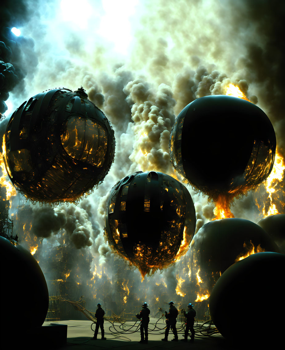 Spherical structures engulfed in fiery explosions under dramatic sky