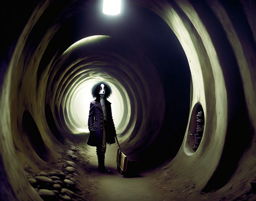 Person with Striking Hair in Long Coat Holds Suitcase in Surreal Tunnel