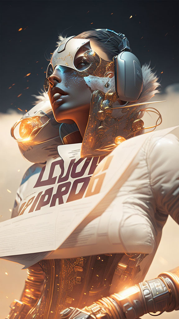 Futuristic female figure in white suit with gold cybernetic implants and glowing orange accents