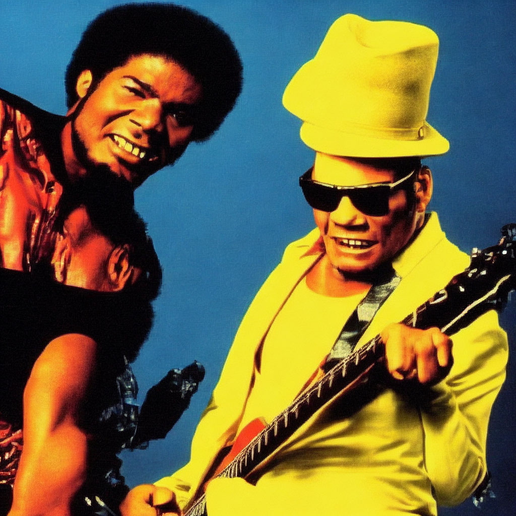 Two men posing: one with afro and bright shirt, the other in yellow suit with fedora