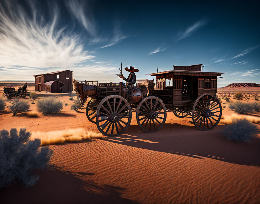 Vintage horse-drawn carriage in desert landscape with dramatic sky