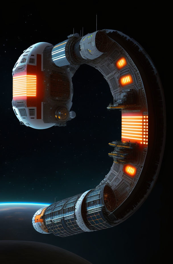 Ring-shaped space station with glowing orange windows orbits Earth.