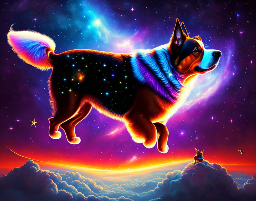 Cosmic-themed dog illustration with star-filled body on vibrant space background