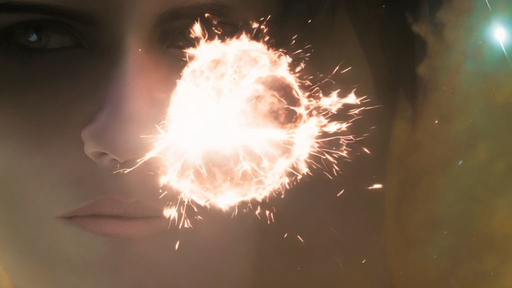 Close-up of woman's face with glowing orb and sparks depicting mystical encounter