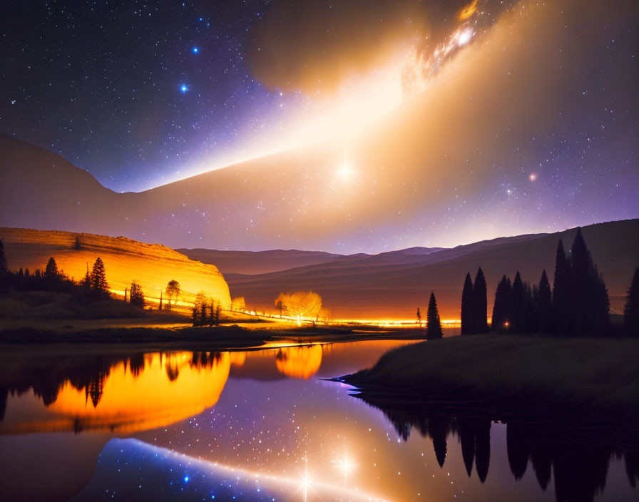 Starry night landscape with meteor streak over serene lake