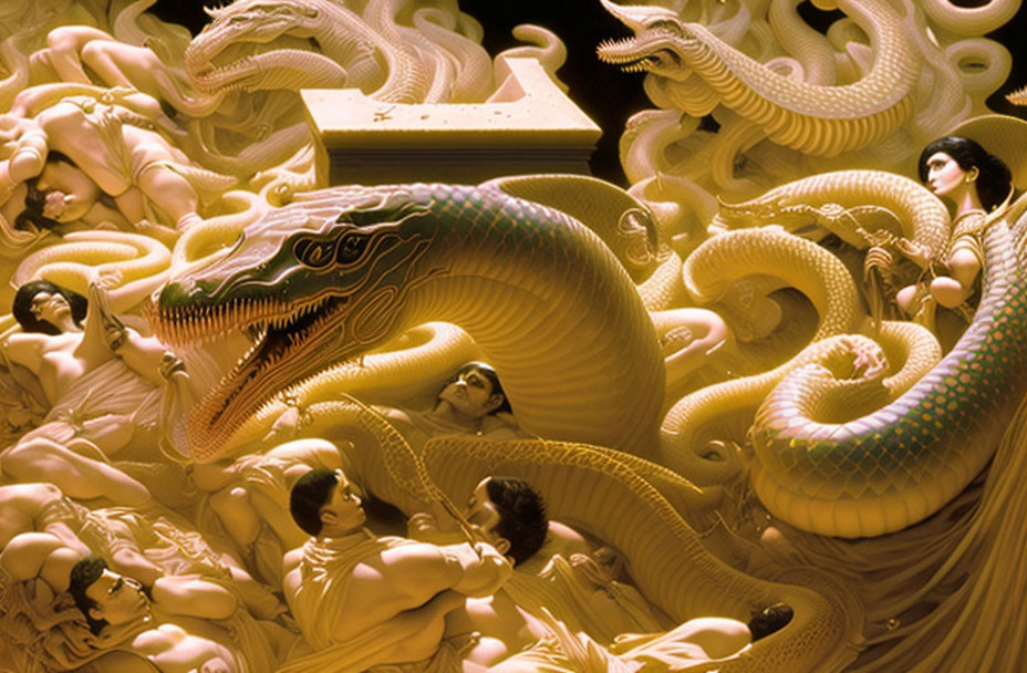 Multiple figures intertwined with ornate dragon in surreal setting