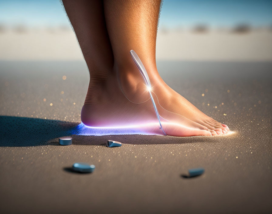 Illustrated human foot stepping on fallen spoon creates spring compression effect