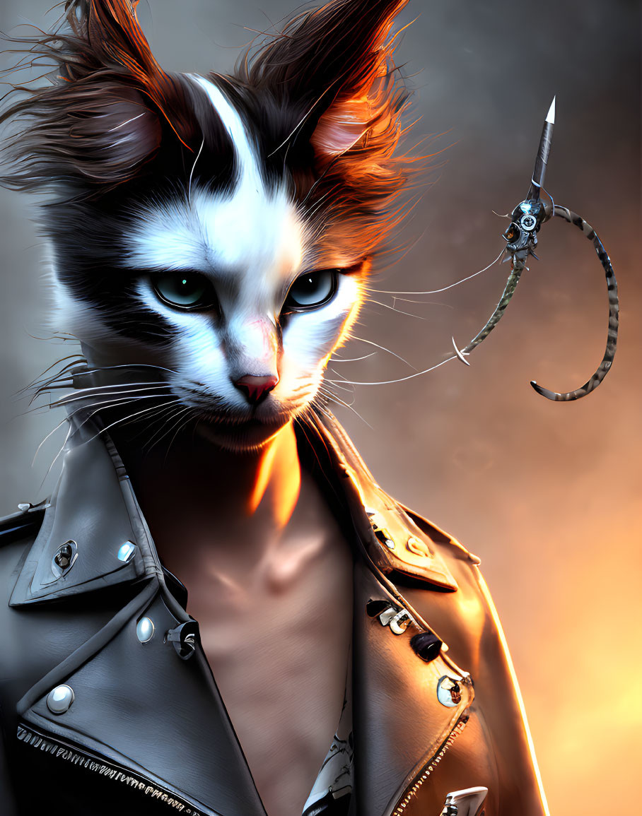 Blue-eyed anthropomorphic cat in leather jacket against orange backdrop with scythe earring.