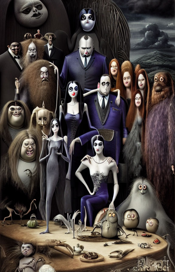 Gothic and eerie Addams Family illustration with unique figures