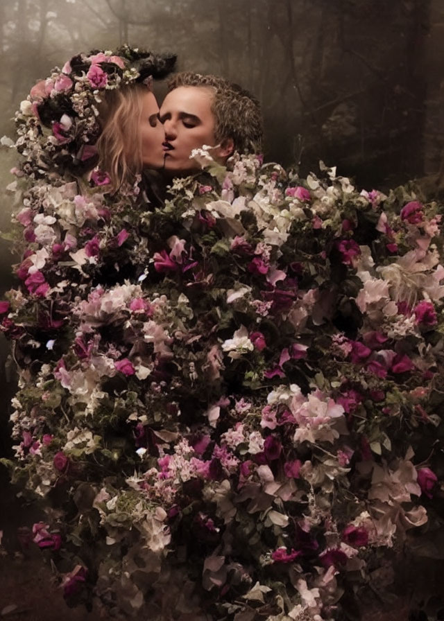 Romantic kiss behind heart-shaped flowers in misty forest landscape