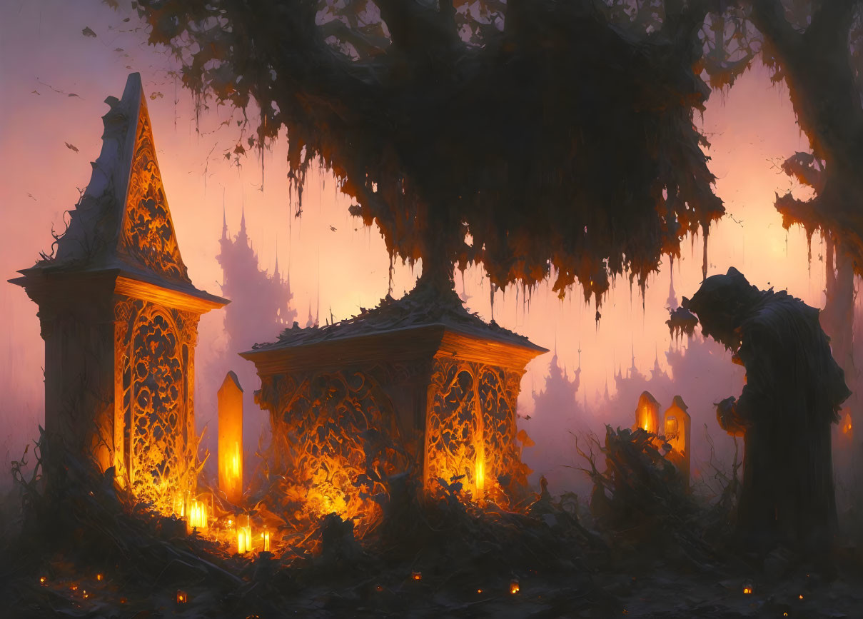 Fantasy scene: Atmospheric graveyard at dusk with ornate tombs, candles, and shrouded