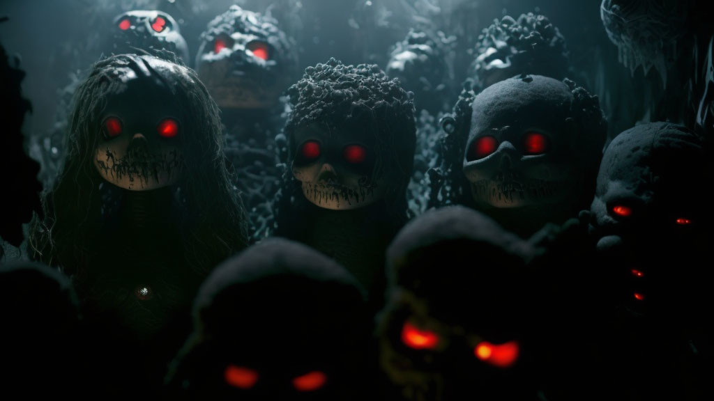 Mysterious figures with glowing red eyes and dark masks in eerie setting