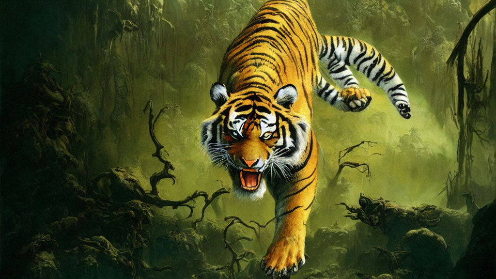 Aggressive tiger leaping in dense jungle with snarling fangs & intense eyes