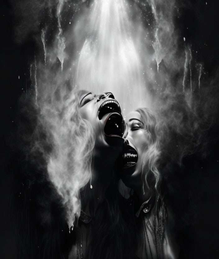 Dynamic laughter scene with burst of light and mist on dark background