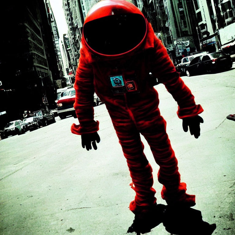 Red astronaut suit figure in urban street with tall buildings