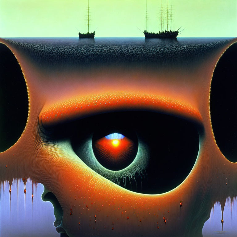 Surreal Artwork: Oversized Eye, Landscape, Ships, Melting Elements, Vibrant