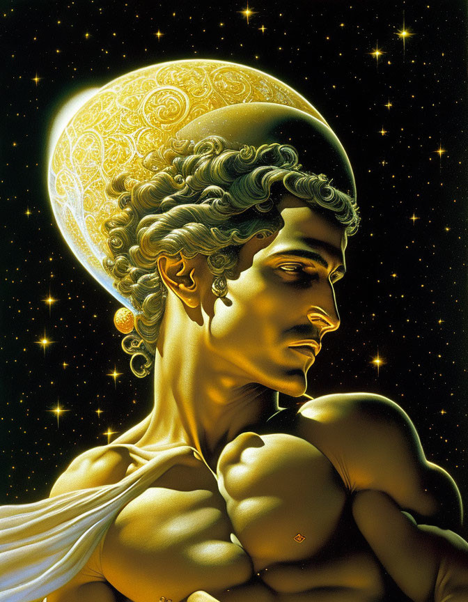 Classical figure with golden halo on starry background