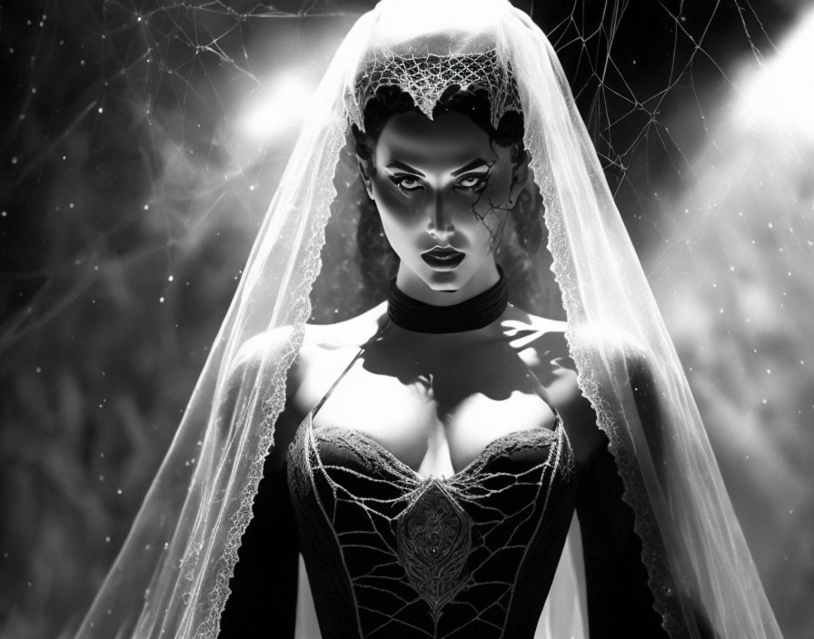 Monochrome gothic bridal costume with spider webs