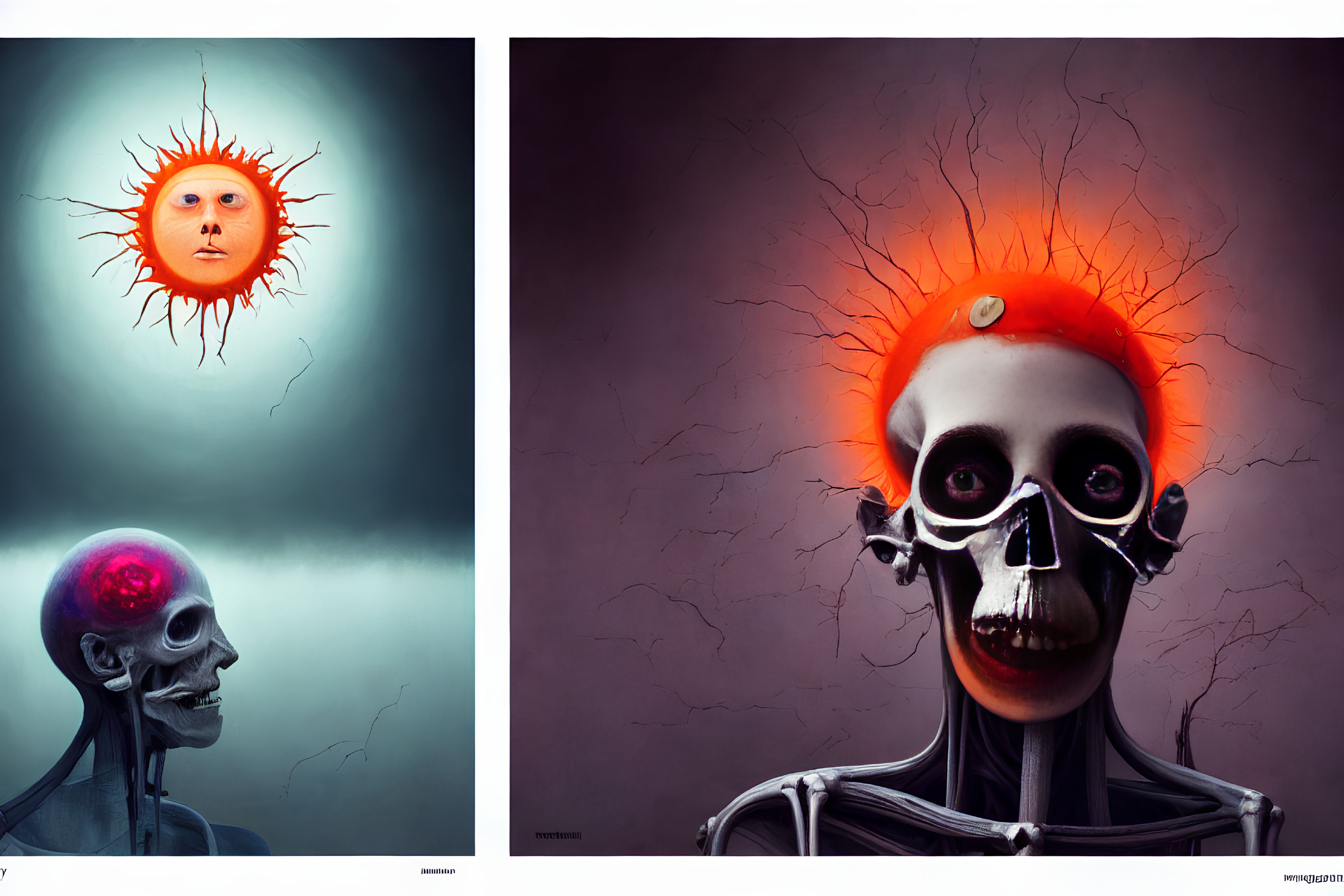 Surreal dual-panel artwork: baby's face in sun, skeletal figure with colorful brain.