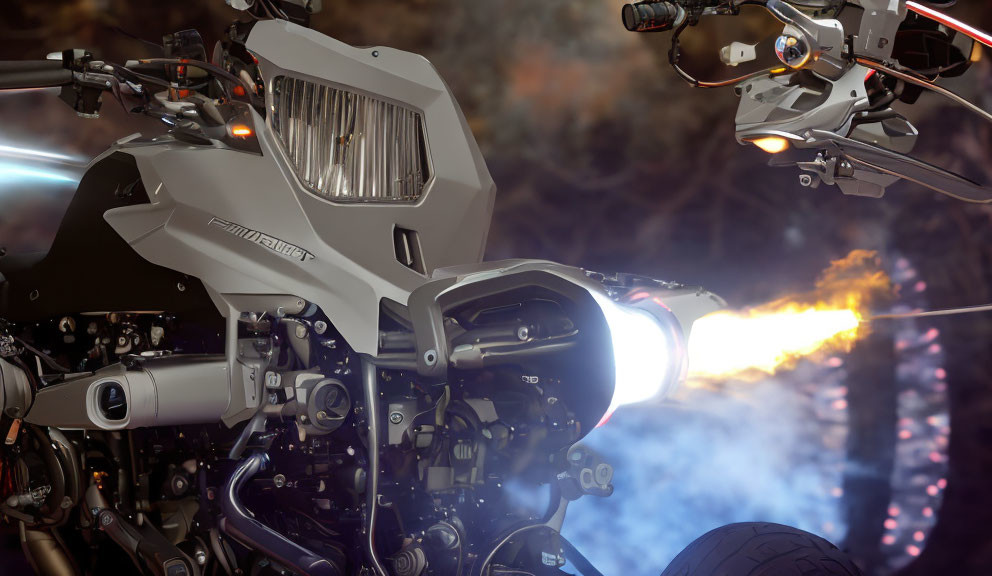 Futuristic motorcycle with fiery jet propulsion on warm blurred background