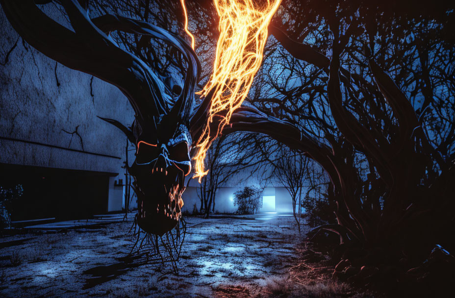 Eerie twisted tree with skull-like appearance in night scene