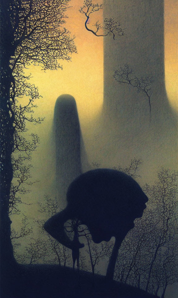 Surreal artwork: Figure under giant mushroom cap in misty forest