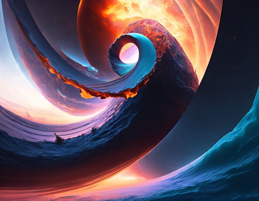 Vivid surreal cosmic landscape with ocean wave and planet