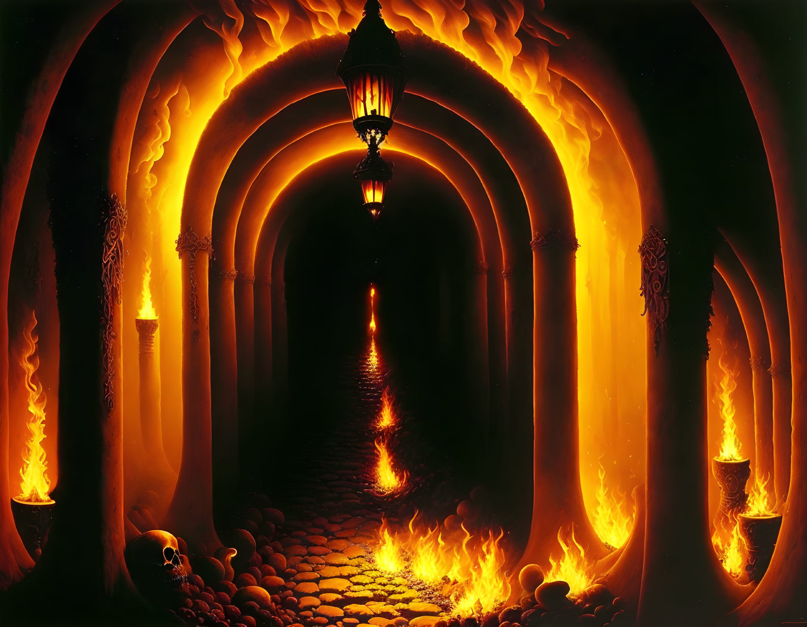 Gothic arched hallway with torches, lanterns, flames, and a skull