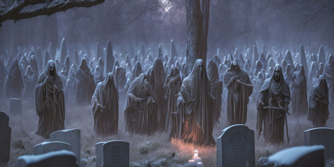 Ethereal figures in foggy cemetery at twilight