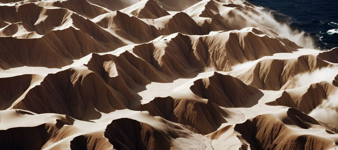 Sand dunes with sharp peaks and valleys near a coastline.