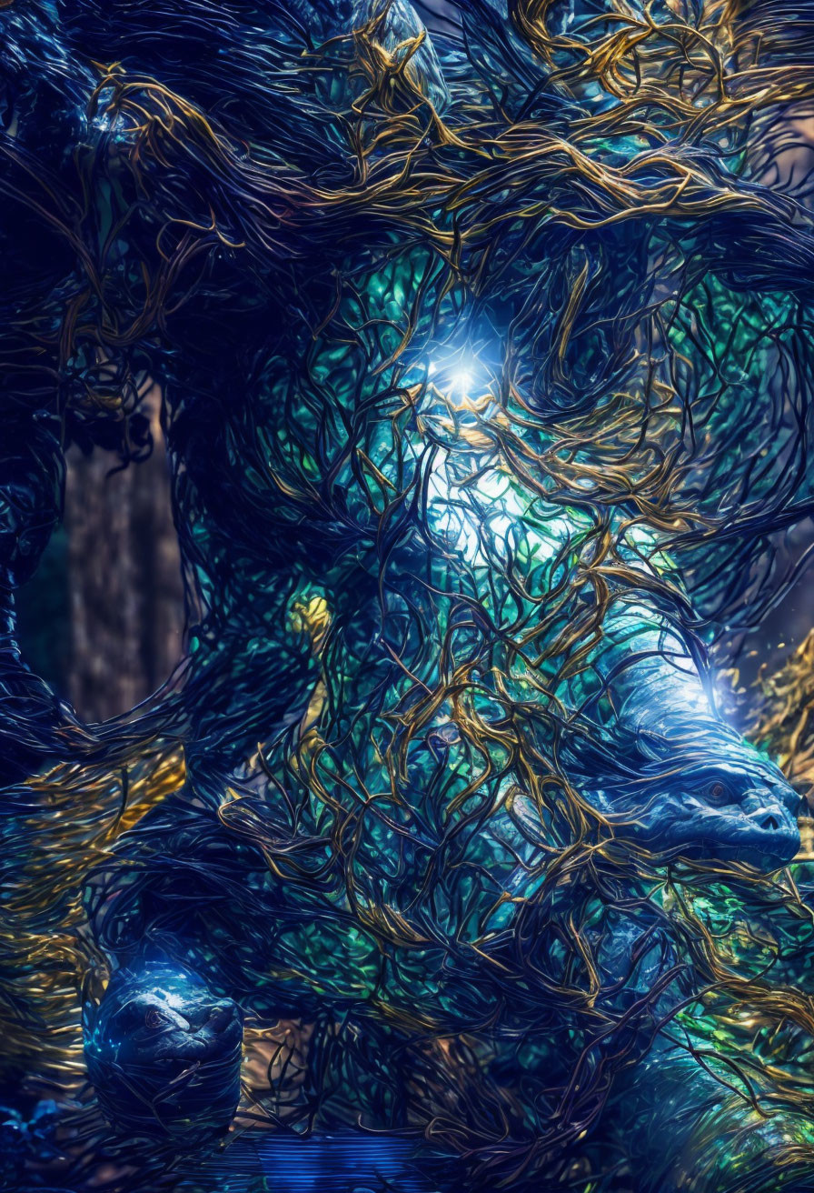 Blue and Golden Fantastical Creature in Mystical Light