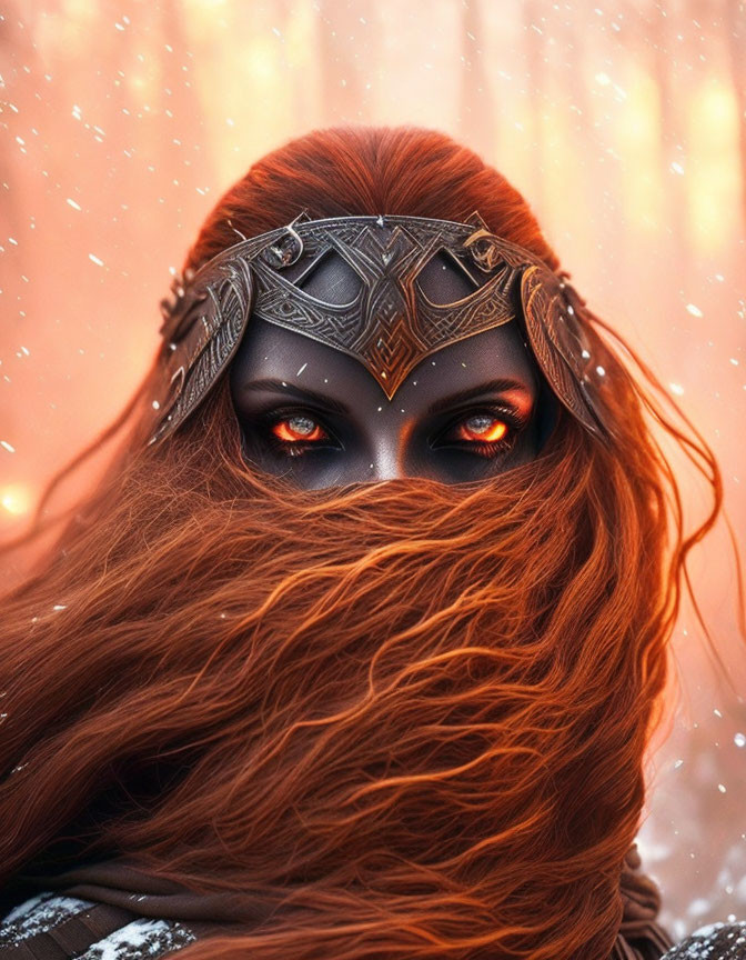 Vibrant red hair and glowing orange eyes with metallic mask on warm backdrop