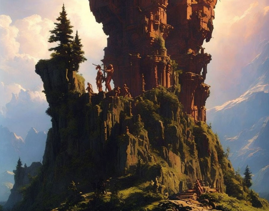 Fantasy landscape featuring adventurers on towering cliff surrounded by lush vegetation and dramatic mountains.