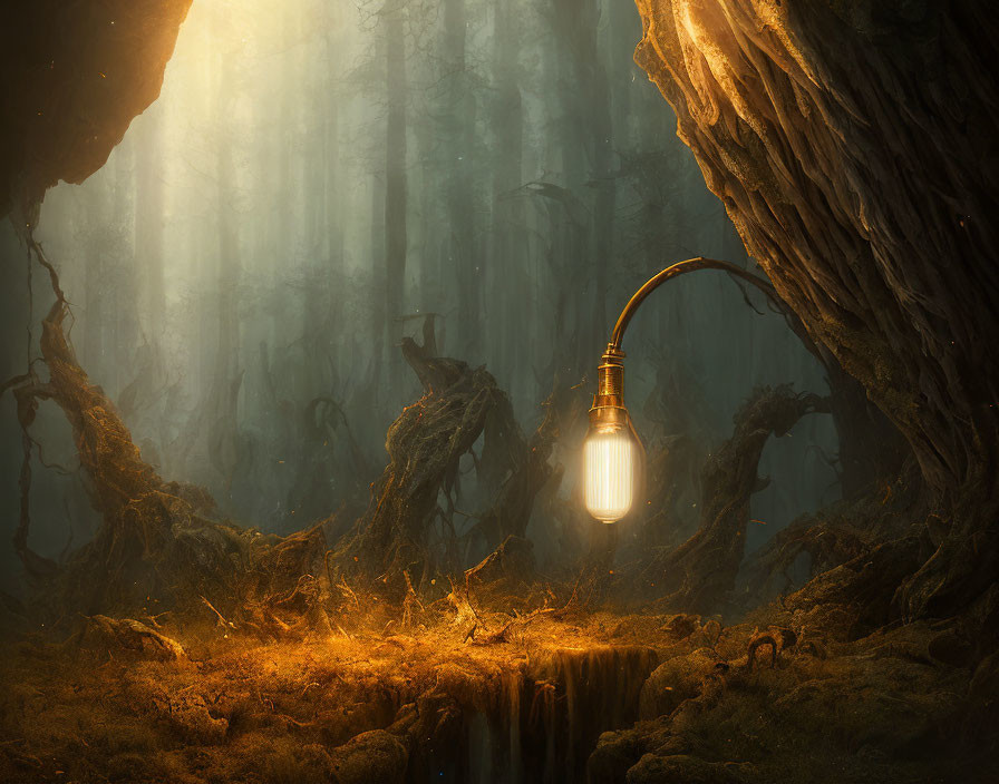 Mystical forest scene with illuminated lightbulb hanging from lamp post