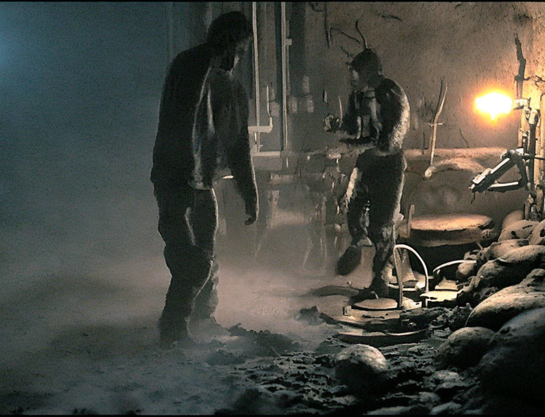 Two people in rustic, dimly lit room with one standing by light source and the other working on