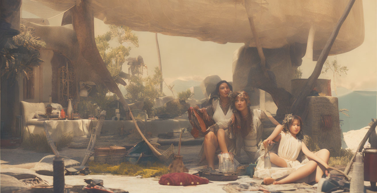 Post-Apocalyptic Scene: Three Figures, Makeshift Shelters, Hazy Sky