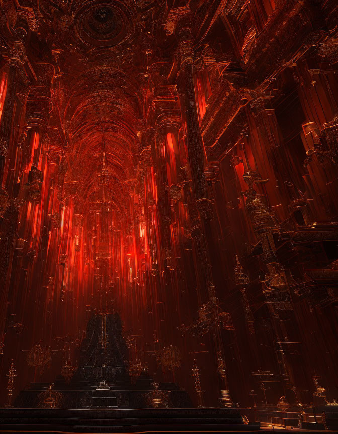 Gothic interior with red lights in dark cavern