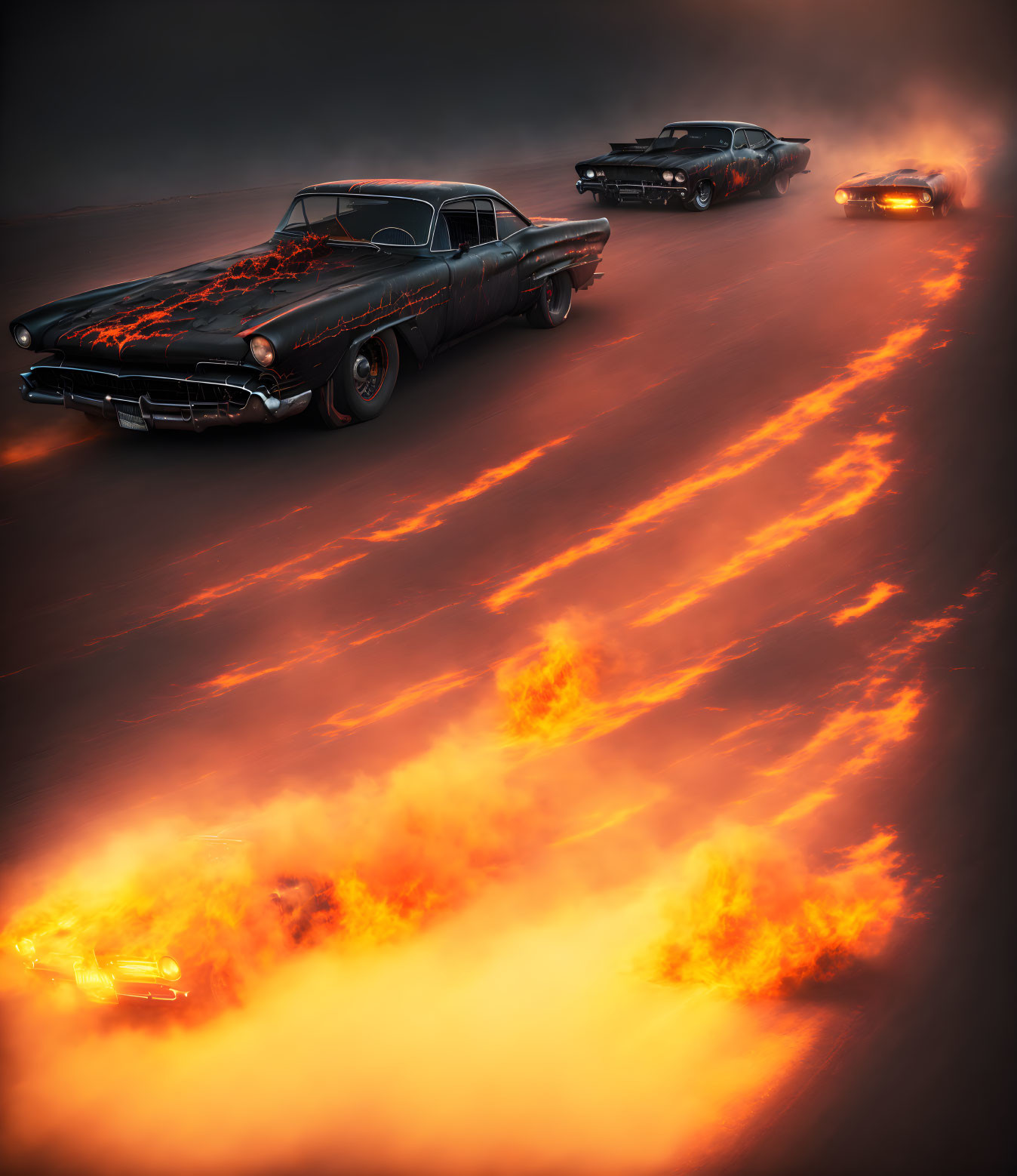 Classic cars racing fiercely on ominous, smoky road